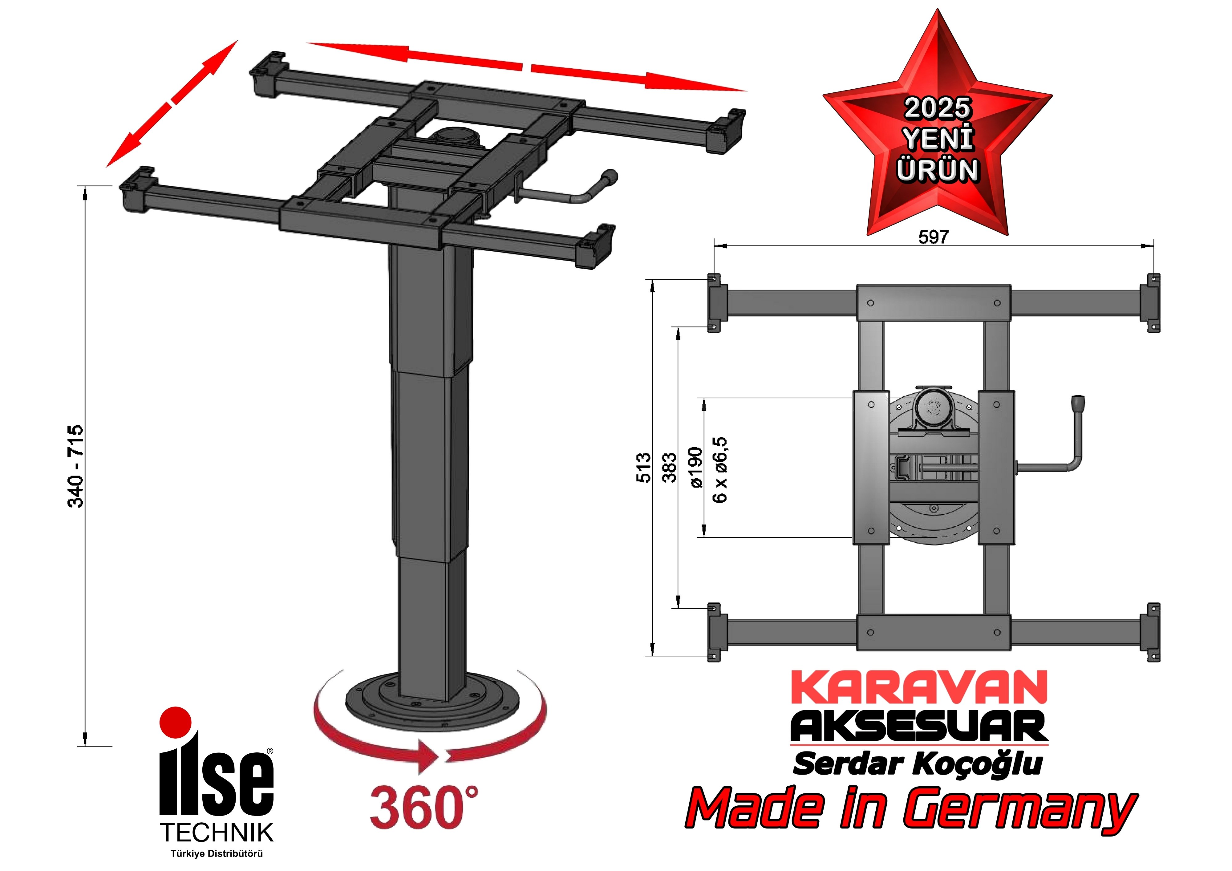 ILSE TECHNIK 5963A08 360° Dönebilen İleri Geri Kaydırmalı Karavan Masa Ayağı